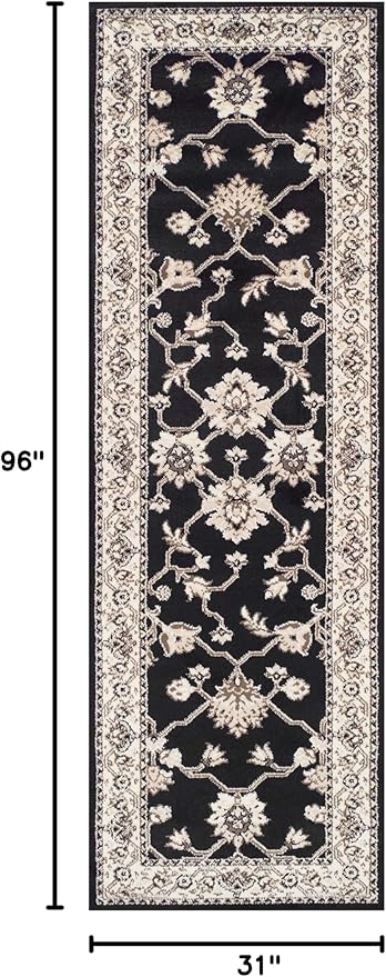 Superior Elegant Kingfield Collection Area Rug, 8mm Pile Height with Jute Backing, Classic Bordered Rug Design, Anti-Static, Water-Repellent Rugs - Black, 2'7" x 8' Runner