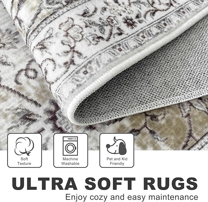 KILOCOCO Hallway Runner 2.6x14 Runner Rug Printed Vintage Floral Washable Rugs Kitchen Runners Soft Non-Slip Low Pile Rubber Backed Runners for Laundry Room Distressed Boho Rugs, Mossy Taupe