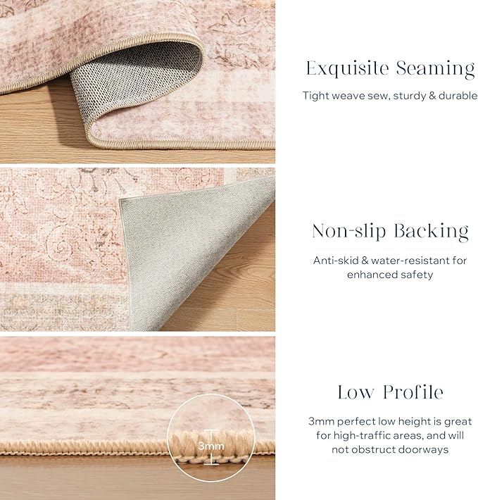 Phantoscope Washable Area Rug 5'x7' Non-Slip, Vintage Neutral Rugs for Living Room, Bedroom, Dining Room, Distressed Boho Floral Medallion Pattern, Low-Pile Foldable Floor Carpet, Soft Pink/Beige