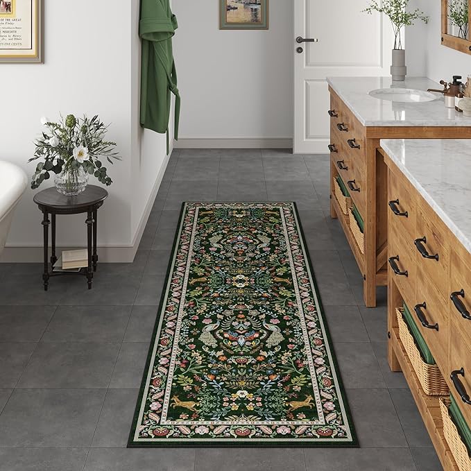 Runner Rug Washable Kitchen 2'x10' Rug Floral Non-Slip for Entryway Indoor Soft Carpet Runner for Hallways, Kitchen, Laundry, Bedroom, Bathroom (Emerald Green)