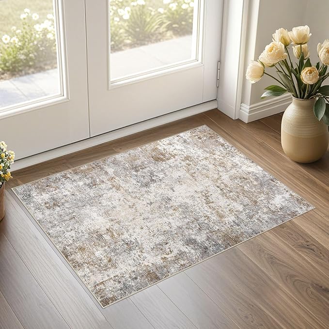 2x3 Entryway Area Rug: Washable Neutral Modern Abstract Small Rug - Non-Slip Low Pile Throw Indoor Carpet for Entrance Kitchen Front Door Mat Bathroom Entry Kids Room - Brown Grey