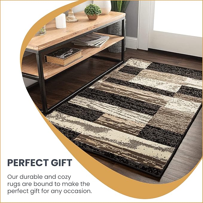 SUPERIOR Indoor Area Rug, Jute Backed, Modern Geometric Patchwork Floor Decor for Bedroom, Office, Living Room, Entryway, Hardwood Floors, Rockwood Collection, 9' x 12', Chocolate