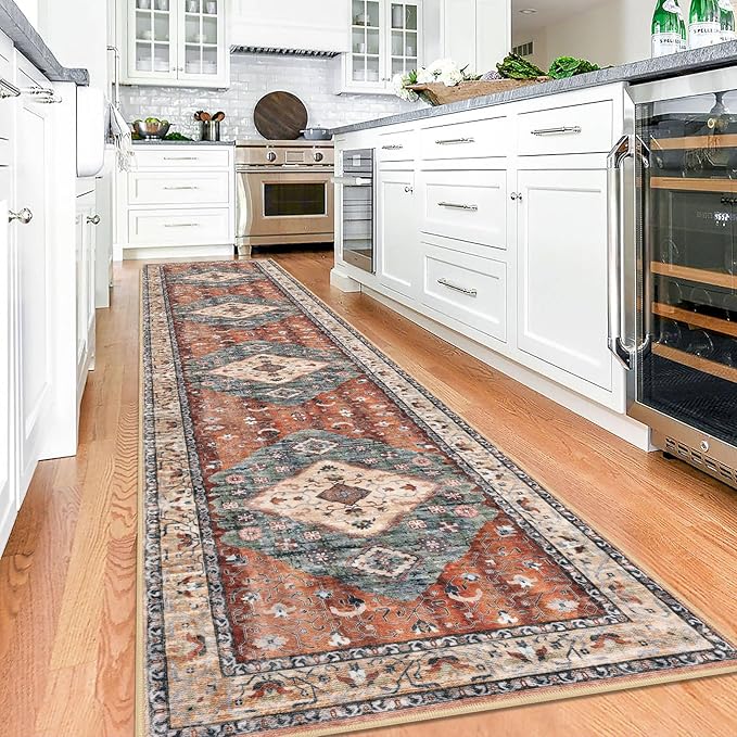KOZYFLY Runners for Hallways 2.6x12 Ft Extra Long Washable Kitchen Boho Runner Rug for Entryway Indoor Rust/Orange/Blue Printed Faux Wool Stair Runner Floor Carpet Runner for Stair Kitchen Hall