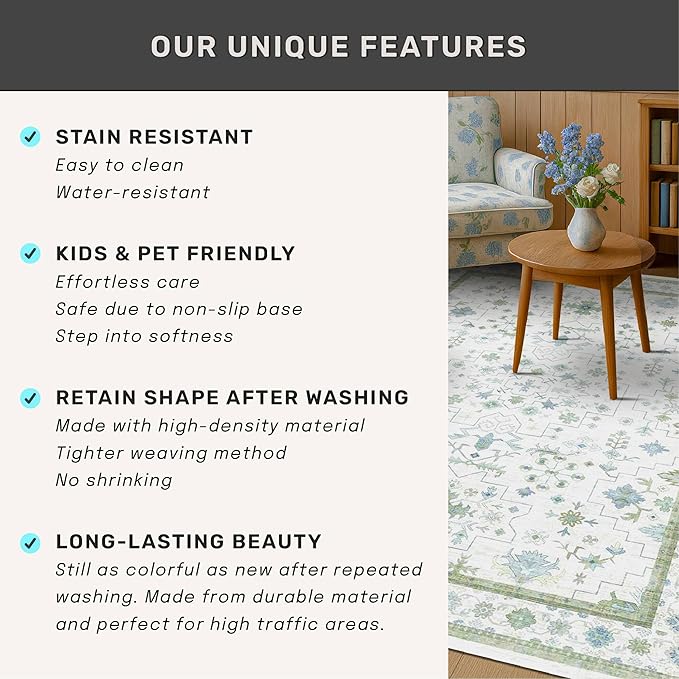 Oushak 3x12 Wide Hallway Runner Rug - Vintage Turkish Floral, Washable Low Pile Non Slip 12ft Long Runners for Large Kitchen, Hall Way - Light Blue and Green