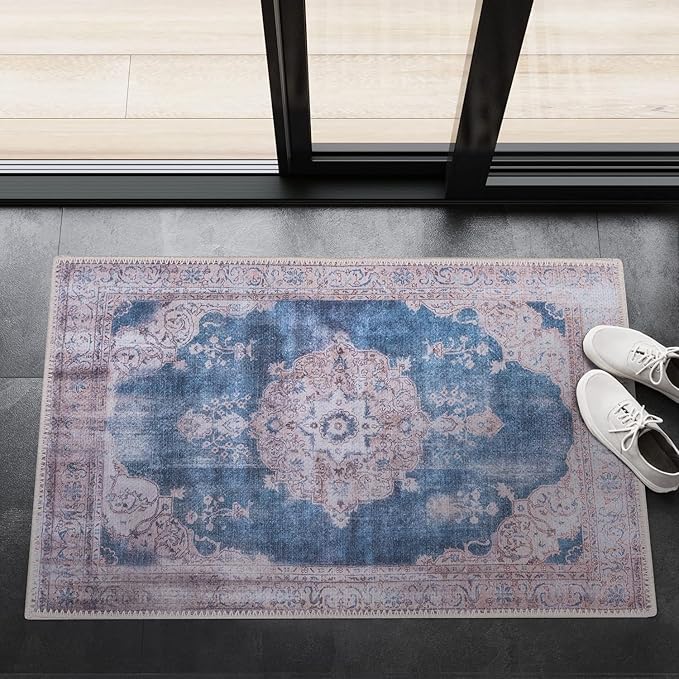 GLN Rugs Traditional Collection - Machine Washable Area Rug, Traditional Washable, Non Slip, Low Pile Chenille Rug, Living Room, Bedroom, Kitchen Rug (2' x 3' Cream/Navy)