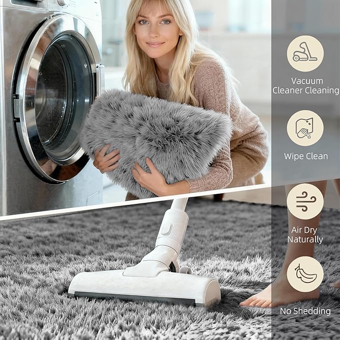2x3 Solid Fluffy Grey Area Rug – Washable, Durable,Small Bedroom Rug, Non-Slip High Pile Shag Rugs for Living Room, Bedroom, Bedside, Dorms, Nursery Rooms, Kids Room, Soft Indoor Floor Carpet