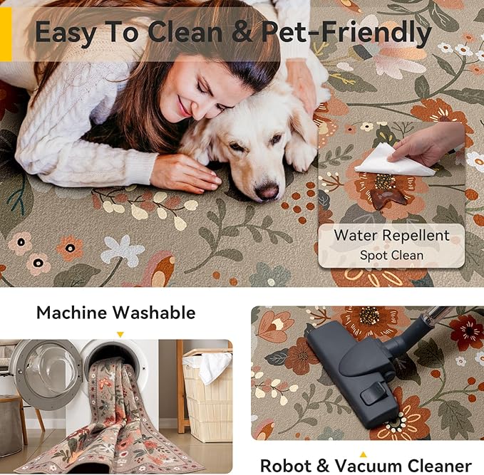 Floral 2x3 Area Rug Machine Washable Soft Print Boho Carpet Non Slip Doormat Low Pile Flower Area Rugs for Living Room Bedroom Nursery Kitchen Dining Room Indoor-Brown/Brick