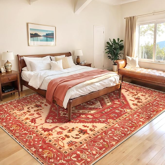 SERISSA Washable Rugs 8x10 Area Rugs, Large Non-Slip Boho Living Room Rug, Ultra Soft Oriental Vintage Red Beige Print Distressed Carpet for Dining Room Bedroom Dorm Office Home Decor