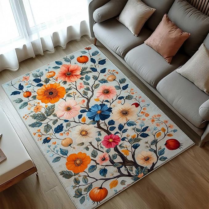 5x7 Colorful Flower Area Rugs, Floral Vintage Large Rugs, Floral Rugs, Botanical Rug, Washable Boho Botanical Non Slip Carpet for Living Room, Bedroom, Kids Room
