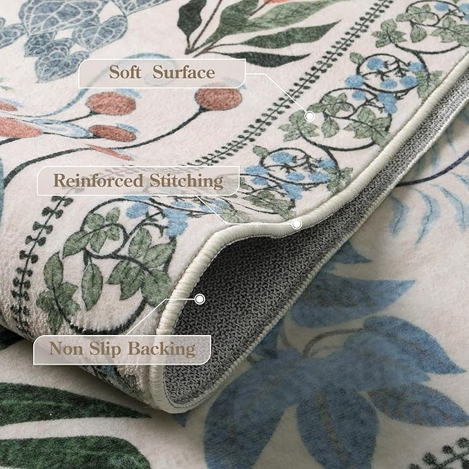 Floral Boho Washable Area Rug for Bedroom, Large Botanical Living Room Rugs 8x10, Non Slip Soft Indoor Throw Carpet for Home Office Nursery Dining Room Playroom (Beige,8 x 10)
