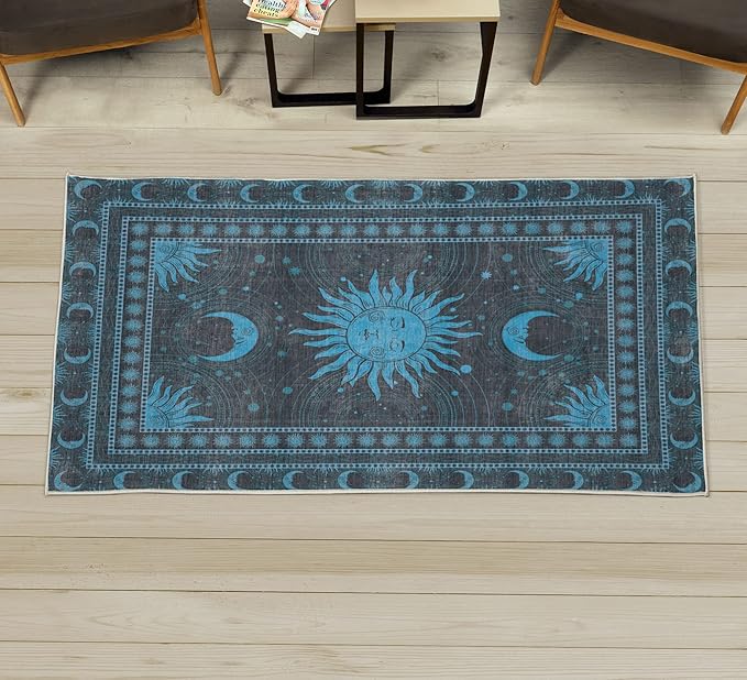 Ambesonne Sun and Moon Decorative Rug, Bohemian Artwork Design of Crescent Solar Ornament Esoteric Stars Ornaments, Quality Carpet for Bedroom Dorm and Living Room, 2' 5" x 5', Sky Blue