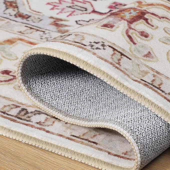 Large Area Rugs 8x10, Washable Vintage Rugs -Low Pile, Soft Plush Rugs for Bedroom, Kitchen, Dining Room, Stain Resistance, Non Shedding & Kid & Pet Friendly, Beige