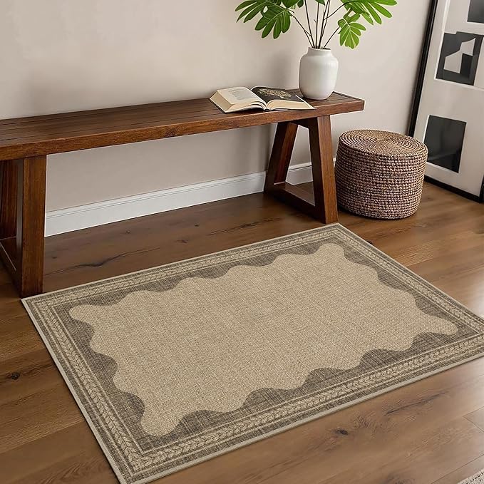 Scalloped Easy Jute Entryway Rug 2x3 Indoor Outdoor Front Door Mat Washable Non Slip Farmhouse Neutral Low Pile Small Rug for Entryway Proch Kitchen