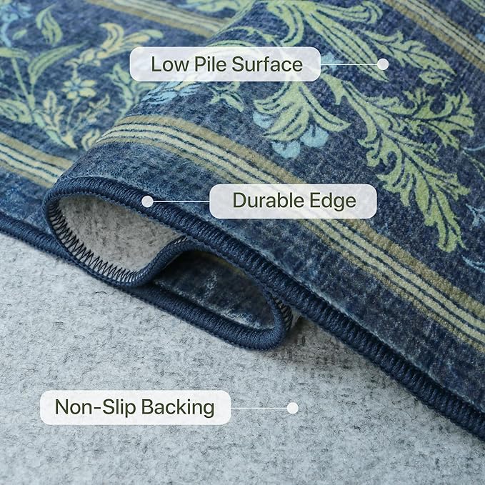 Bavni Floral Dark Blue Area Rugs 8x10, Vintage Boho Carpet Machine Washable, Non Slip Soft Low Pile Thin Rug for Bedroom, Living Room, Dining Room, Nursery