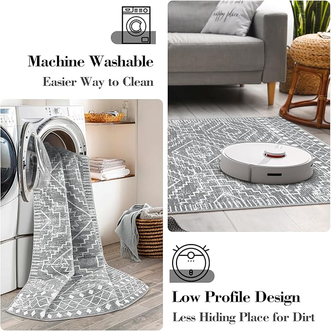 Wonnitar Moroccan Gray Area Rugs for Living Room, Washable 5x7 Boho Bedroom Rugs, Non-Slip Large Soft Dining Room Throw Mat, Floor Carpet for Basement Guest Room Office (Silver Grey,5'x7')