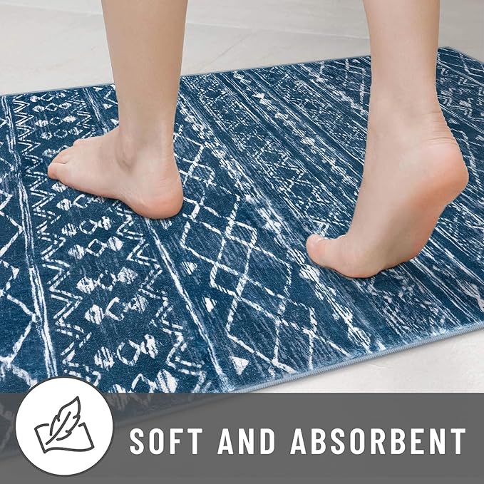 KUTA Boho Entryway Runner 2x5 ft Blue Moroccan Washable Kitchen Rug Non-Slip Vintage Hallway Runners Ultra Soft Distressed Geometric Floor Carpet for Bedroom Laundry Living Room