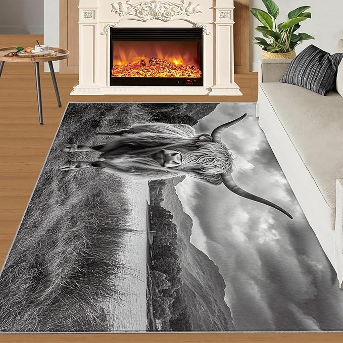 Highland Cattle Rugs for Bedroom - 2x3 Area Rug - Black White Highland Cattle Rugs for Living Room, 3D Natural Landscape Rug, Non-Slip Washable Home Decor Carpet