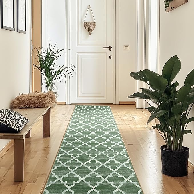 Area Rug 2x8, Moroccan Trellis Print Carpet, Machine Washable Non-Slip Rugs for Living Room, Bedroom, Dining Room & Entryway, Green
