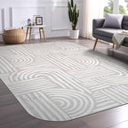 Beverly Rug Modern Geometric Area Rug 4x6 Low-High Pile Durable Soft Abstract Curved Indoor Rugs for Living Dining Room Office Stain Resistant Non Shedding Casual Indoor Carpet Beige White 4 x 6