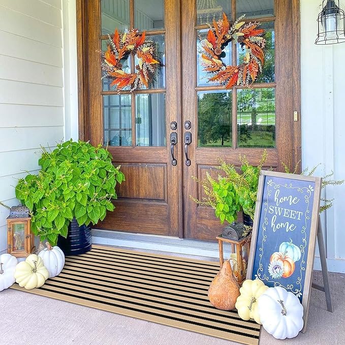 KOZYFLY Brown and Black Striped Porch Rug 2x4.3 Ft Washable Outdoor Rug Farmhouse Outdoor Doormats Front Door Rugs Striped Runner Rugs for Front Door Kitchen Hallway Bedroom Laundry Room