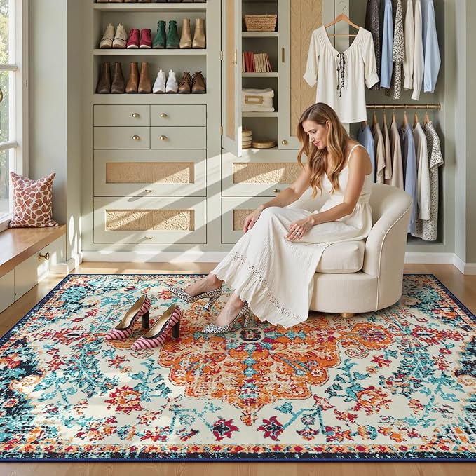 Lahome Orange 6x9 Area Rugs Boho Washable Area Rug for Bedroom,Large Area Rugs for Living Room Dining Room,Bohemian Vintage Non Slip Low Pile Indoor Accent Carpet for Home Office(6x9ft,Orange)