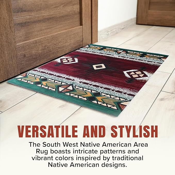 YHSF South West Native American Area Rug C318 - Easy Clean, Thick, Soft, Durable Native Tribal American Indian Inspired Rug for Bedroom/Living Room and More - Burgundy, 3 ft 10 in x 5 ft 2 in