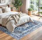 KOZYFLY Boho Area Rug 5x7 Ft Thin Rugs for Living Room Washable Bedroom Rug Non Slip Rugs for Living Room Blue Printed Faux Wool Vintage Bedroom Rug Floor Carpet for Dining Room