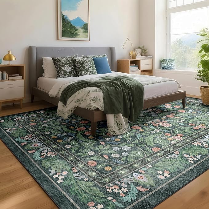 Green Floral 8x10 Area Rugs for Living Room Large Washable Rug Vintage Forest Low Pile Non Slip Stain Resistance Soft Carpet for Dining Room, Bedroom, Office Rug, Kids Room, Nursery Room, Playroom