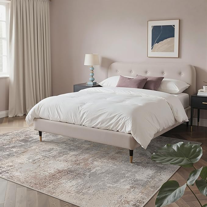 GENIMO Washable 5x7 Area Rugs for Living Room, Non Slip Modern Abstract Rug, Machine Washable Stain Resistant Low Pile Soft Carpet for Bedroom, Dining, Office, Light Grey Brown