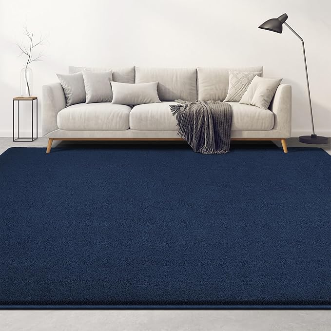 Large Area Rugs for Living Room Bedroom, 5x8 Feet Navy Blue Rug, Minimalist Modern Shag Rug, Soft Thick Memory Foam Indoor Carpet, Non-Slip Washable Rug for Boys Girls Dorm Nursery Room Home Decor