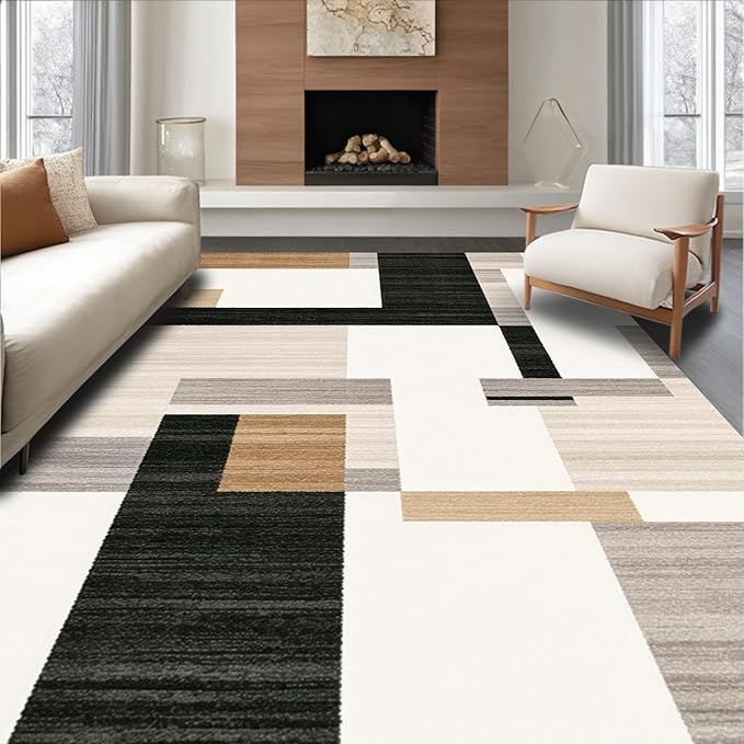 Flatwoven High Traffic Area Rug 4x6, Dark Beige Geometry and Dirt Trapper Design, Non Slip, Stain Resistant, Washable Area Rugs for Living Room, Bedroom (Beige, 4x6)