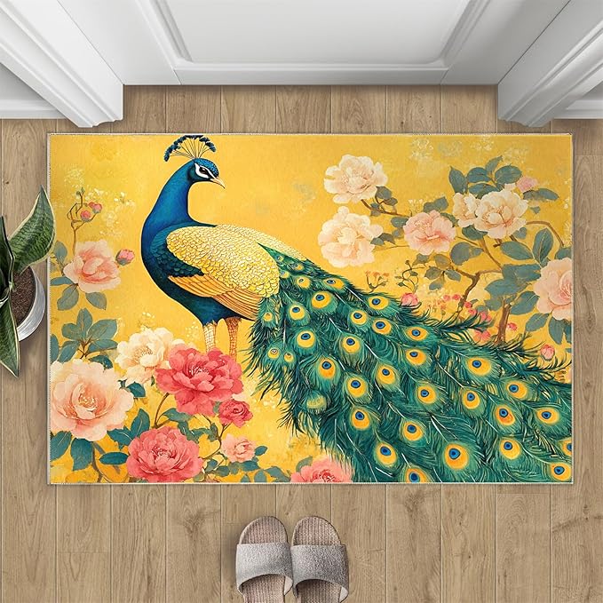 Classic Peacock Rug Small - 2x3 Rug, Peacock Peony Flower Washable Rugs for Living Room, Yellow Teal Turquoise Carpet, Non-Slip Area Rugs for Bedroom, Aesthetics Carpet - Peafowl Home Decor & Gifts
