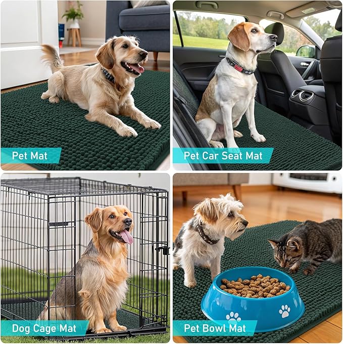 OLANLY Dog Door Mat for Muddy Paws 59x20, Absorbs Moisture and Dirt, Absorbent Non-Slip Washable Doormat, Quick Dry Chenille Mud Mat, Entry Indoor Entryway Carpet for Inside Floor, Blackish Green