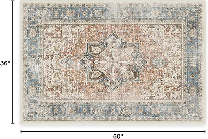 RUGGABLE Washable Vintage Area Rug – Kamran Coral 3x5, Stain-Resistant, Non-Slip – Small Machine Washable Rugs for Living Room, Bedroom, Hallway, Entryway & Office–with Cushioned Pad