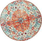 Lahome Bohemian Floral Medallion Round Rug - 3Ft Oriental Distressed Small Round Area Rug Vintage Washable Entryway Foyer Mat Non-Slip Non-Shedding Low-Pile Sofa Bathroom Carpet, Orange/Multi