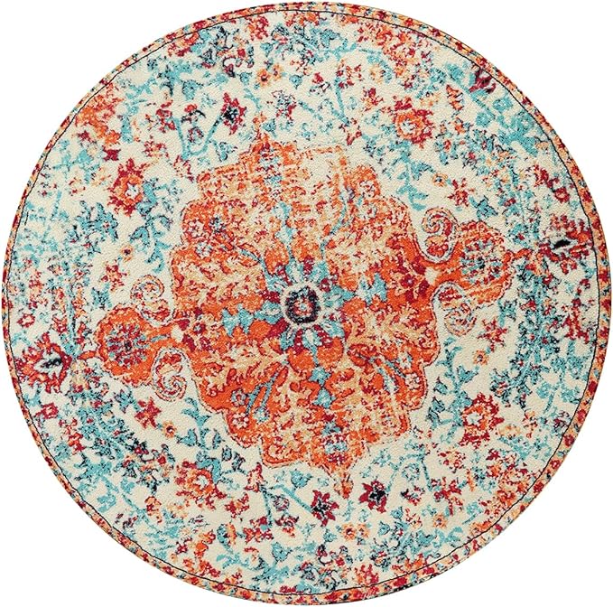 Lahome Bohemian Floral Medallion Round Rug - 3Ft Oriental Distressed Small Round Area Rug Vintage Washable Entryway Foyer Mat Non-Slip Non-Shedding Low-Pile Sofa Bathroom Carpet, Orange/Multi