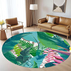 Tropical Leaves Round Rug 5ft - Machine Washable Non-Slip Circular Floor Mat, Short Pile Soft Rug for Living Room, Bedroom, Nursery in Green & Pink Botanical Design