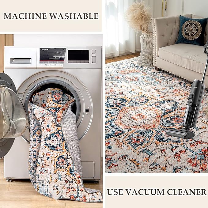 VK VK·LIVING Entryway Washable Rug 2'x3' Small Boho Bathroom Throw Area Rug Non Slip Doormat Indoor Front Door Machine Washable Carpet for Bathroom Kitchen Vintage (Blue Orange)
