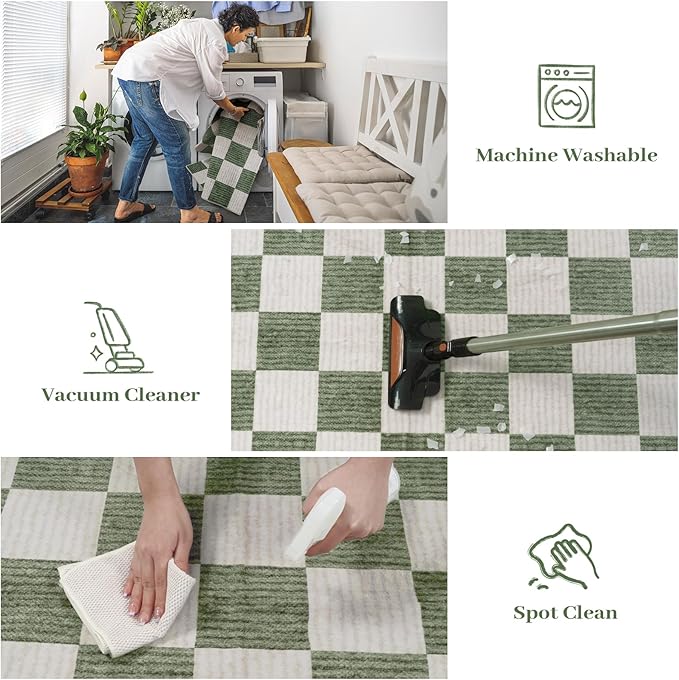 LIVEBOX Checkered Round Rug 6 Ft Washable Area Rug for Playroom, Kids Non-Slip Neutral Classic Circle Rug Geometric Large Carpet Soft Boys Rug for Classroom Dorm Bedroom(Sage Green,180R)