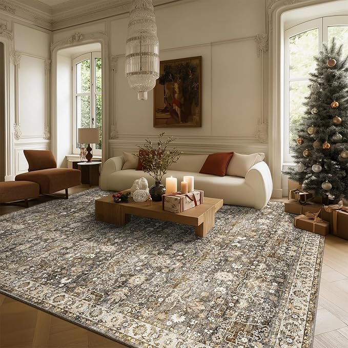 8x10 Washable Area Rugs Ultral Soft Non-Slip Stain Resistant Vintage Boho Large Carpet for High-Traffic Living Room & Dining Room