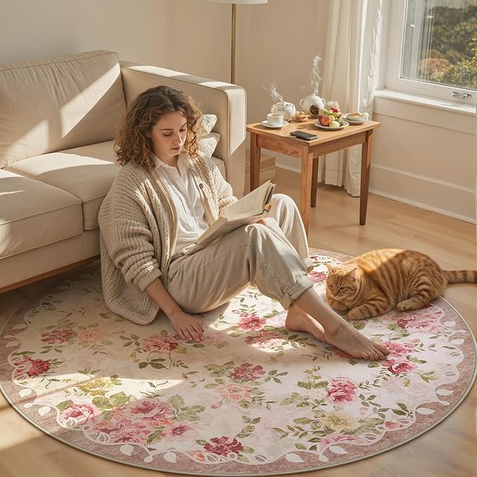 Lahome Floral Boho Round Rugs 6ft,Washable Round Rug for Dining Room Table,Circle Rugs for Living Room Large Round Carpet for Bedroom,Playroom,Nursery,Reading Corner