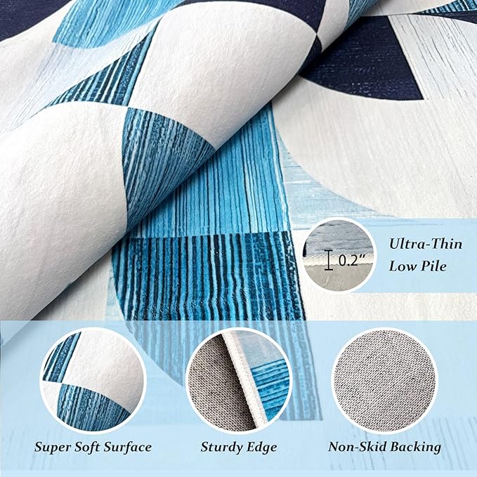 Modern Washable Area Rugs 5x7 Abstract, Boho Low-Pile Rugs for Living Room Bedroom Playroom, Large Throw Floor Carpet Non Slip Ultra-Thin Soft Rug Navy Blue
