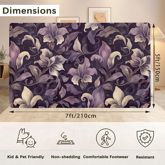 Purple Luxury Floral Texture Rug for Living Room 5x7, Low Pile Non-Slip Backing, Machine Washable Easy Fold Rug for Home, Office, Dorm Room