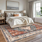 KOZYFLY Boho Area Rug 8x10 Ft Thin Rugs for Living Room Washable Bedroom Rug Non Slip Rugs for Living Room Rust/Orange/Blue Printed Faux Wool Vintage Bedroom Rug Floor Carpet for Dining Room