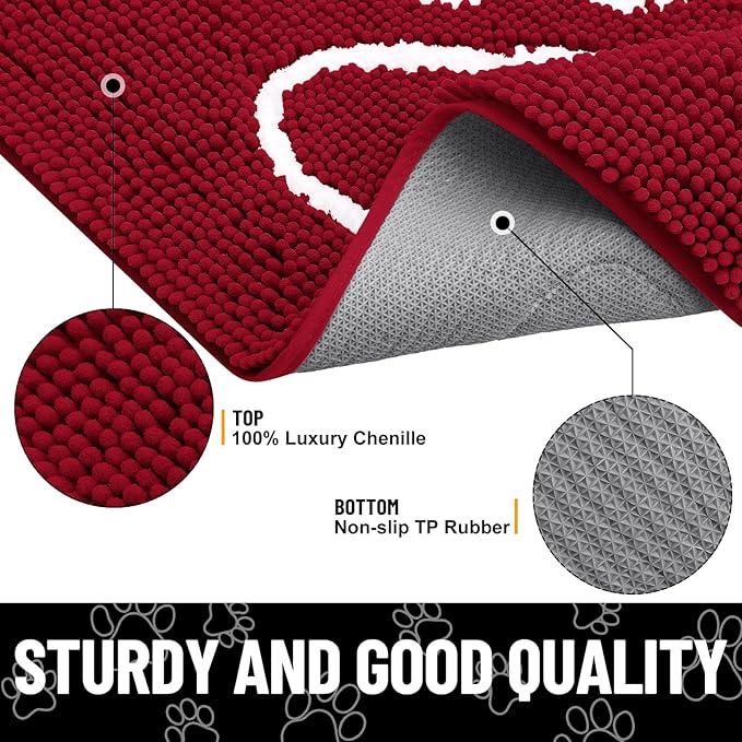 Smiry Dog Door Mat for Muddy Paws, Absorbent Dirt Trapper Non Slip Quick Dry Washable Chenille Mat for Mud Dogs, Entry Rug for Indoor and Outdoor (24x16 Inches, Red and White)