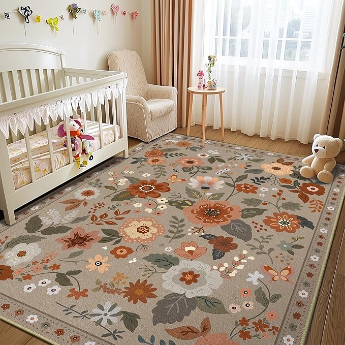 Floral 4x6 Area Rug Machine Washable Soft Print Boho Carpet Non Slip Doormat Low Pile Flower Area Rugs for Living Room Bedroom Nursery Kitchen Dining Room Indoor-Brown/Brick