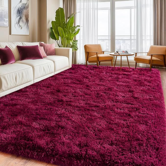 Burgundy Plush Rug for Living Room Fuzzy Carpet for Bedroom Dorm, Non-Slip High Pile Rug, Shag Rug for Playroom Nursery Home Office Decor 5X7 Ft
