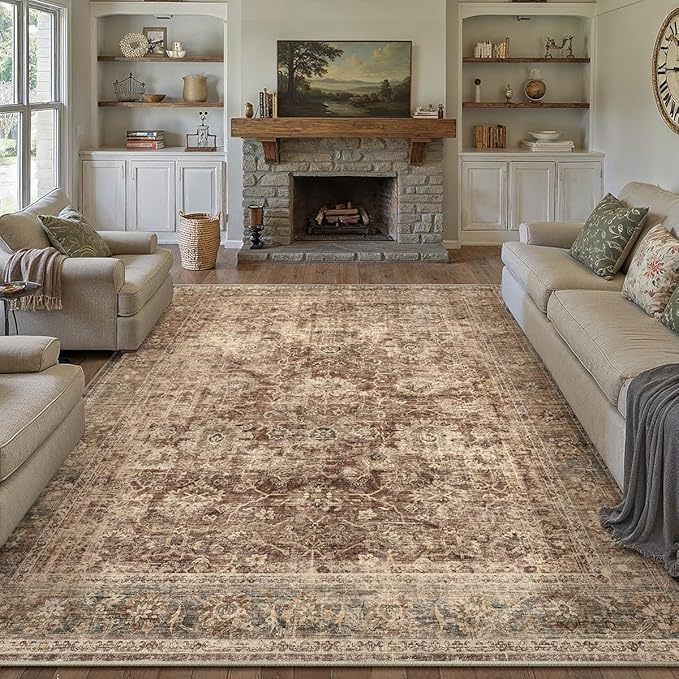 9x12 Rust Vintage Area Rug for Living Room Bedroom Distressed Rustic Large Carpet Non-Slip Low Pile Lightweight Vacuumable Soft Washable Throw Rug for Indoor Dining Room