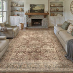 8x10 Washable Area Rug for Living Room Bedroom Rust Vintage Distressed Rustic Large Carpet Non-Slip Low Pile Lightweight Vacuumable Soft Throw Rug for Indoor Dining Room