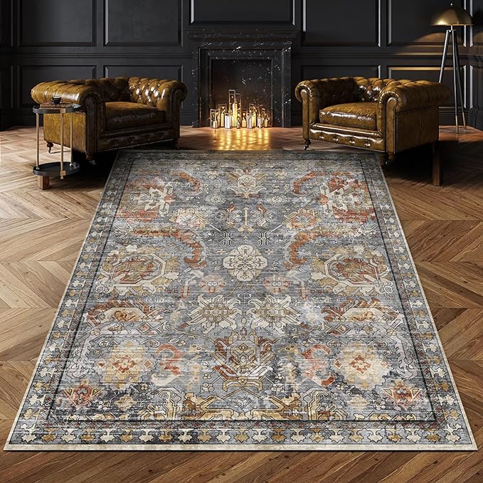 RUGSURE Washable Area Rugs - Perfect for Living Room, Bedroom, Kids Room, Nursery - Stain & Water Resistant Non-Slip, Pet & Child Friendly, Vintage Tribal Area Rugs (Turmeric and Grey, 4' x 6')